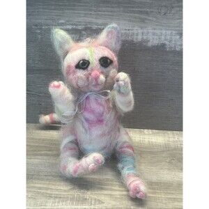 Needle Wool Felted Cat Figurine Plush Art Decor Rainbow Tie Dye Handmade Kitten
